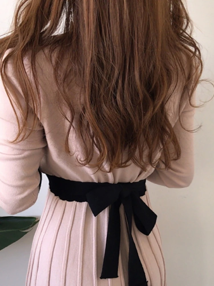 2023 Autumn Korean Knitted Women Long Pleated Dress Women Long Sleeve Single-breasted A-line Dresses Elegant Ladies Vestidos