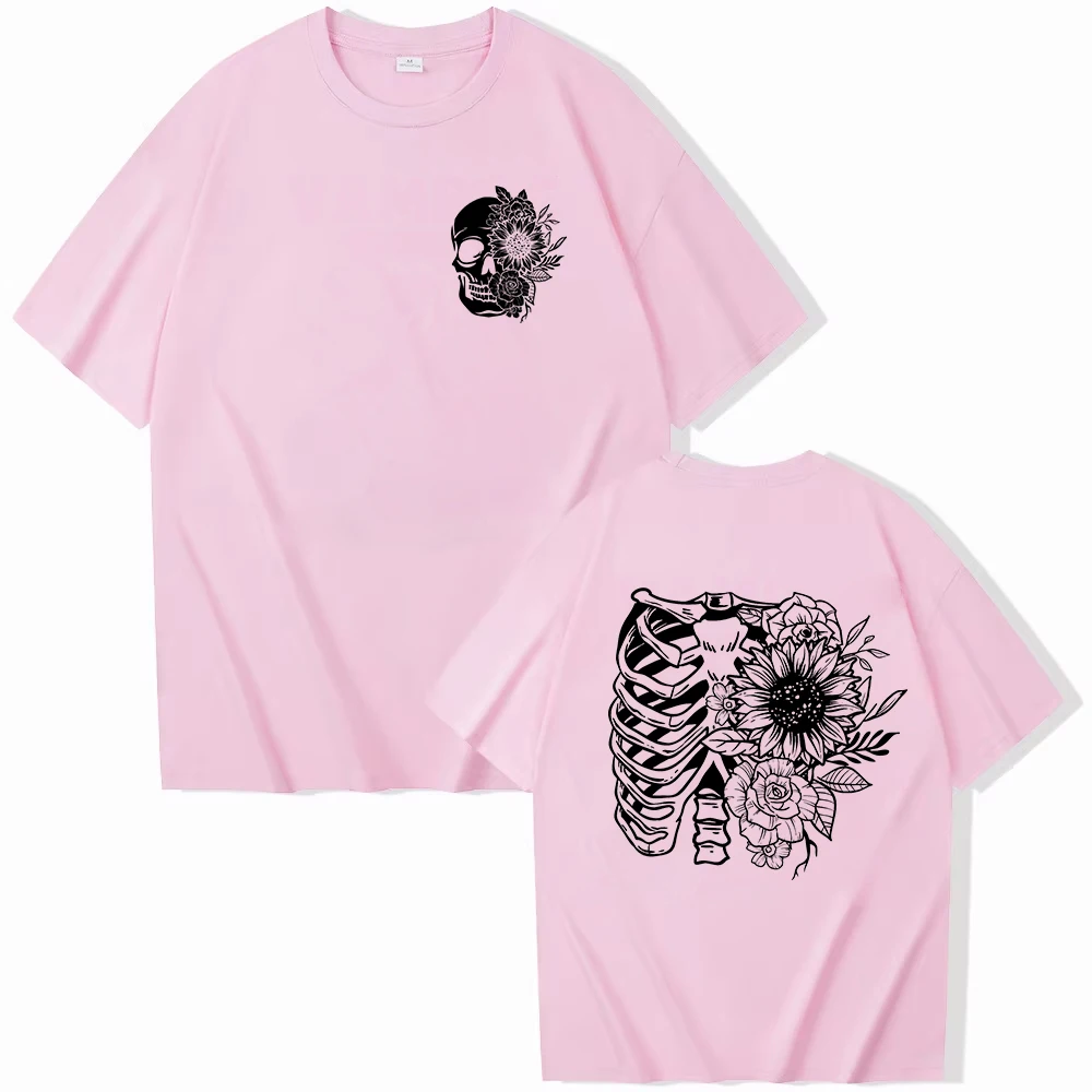 هالوين تي شيرت للنساء الأزهار الهيكل العظمي طباعة المرأة قصيرة الأكمام س الرقبة التي شيرت السيدات السببية قميص الملابس بلايز القوطية قميص #3