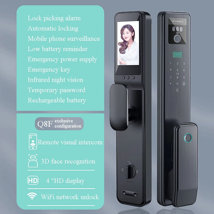 Video intercom remote monitoring keyless Electronic digital 3D face recognition smart door lock handle fingerprint with