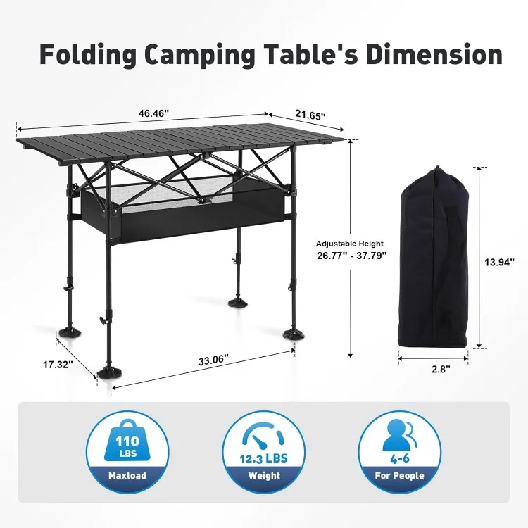 Camping Table Folding Outdoor Table with Adjustable Height, Large Storage Bag and Carrying Bag, Portable Aluminum Table