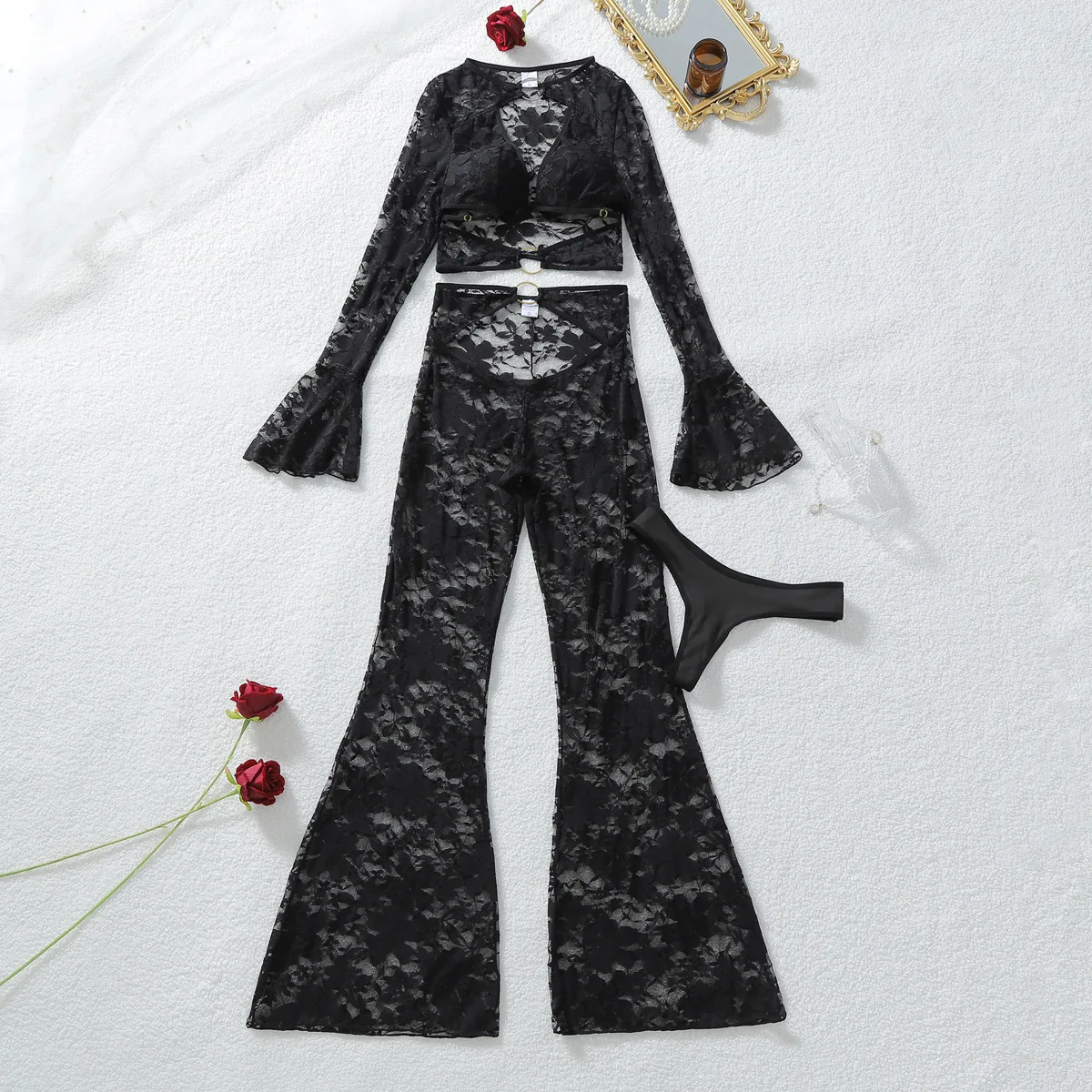 New Design Women's Sexy Lace Transparent Roleplay Cat Costumes Adult Lady Halloween Party Two Pieces Cosplay Lingerie Sets