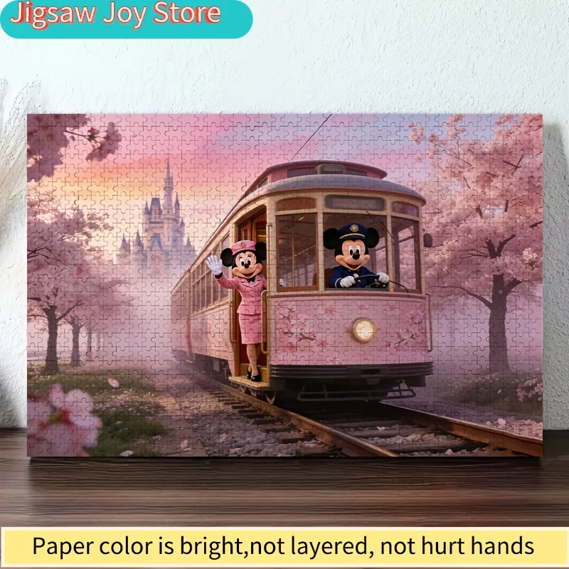 Rompecabezas 2D Plano de 1000 Piezas de Disney Mickey y el Tranvía de Flores de Cerezo - Construcción de Trenes del Castillo, Rompecabezas Temático Rosa para, Regalo de San Valentín