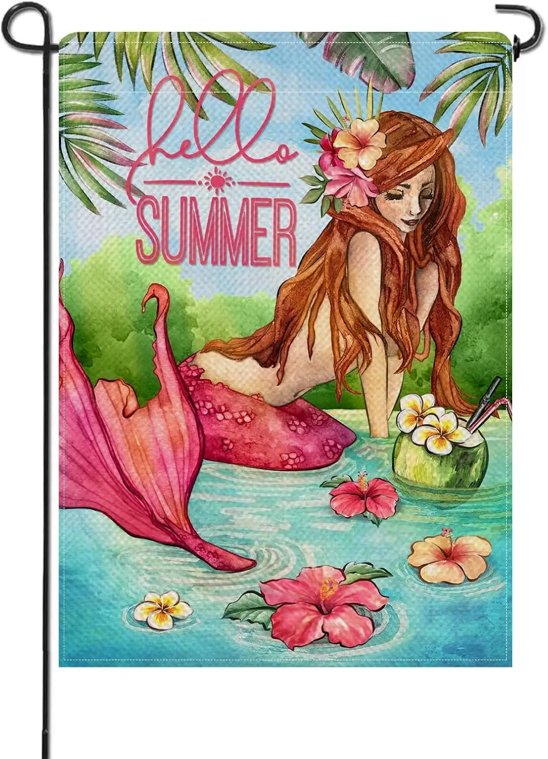 Hello Summer Lake Mermaid Small Decorative Garden Flag, Lakehouse Hibiscus Flower Coconut Yard Lawn Outside Decor, Palm Leaves S