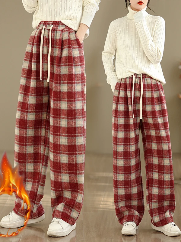 Thiened FCE-gefütterte Hose mit weitem Bein, Herbst-Winter, kariert, lockere Passform, große Damen-Wollhose, lässige Hose mit geradem Bein