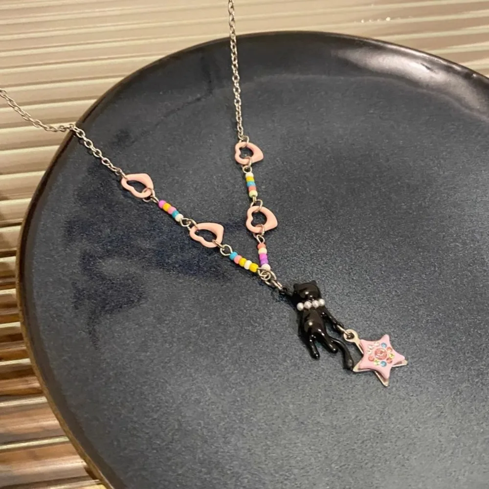 New Black Cat Sweet Cute Cat Necklace Y2K Hot Girl Dopamine Beaded Necklace Cute Summer Black Cat Star Necklace