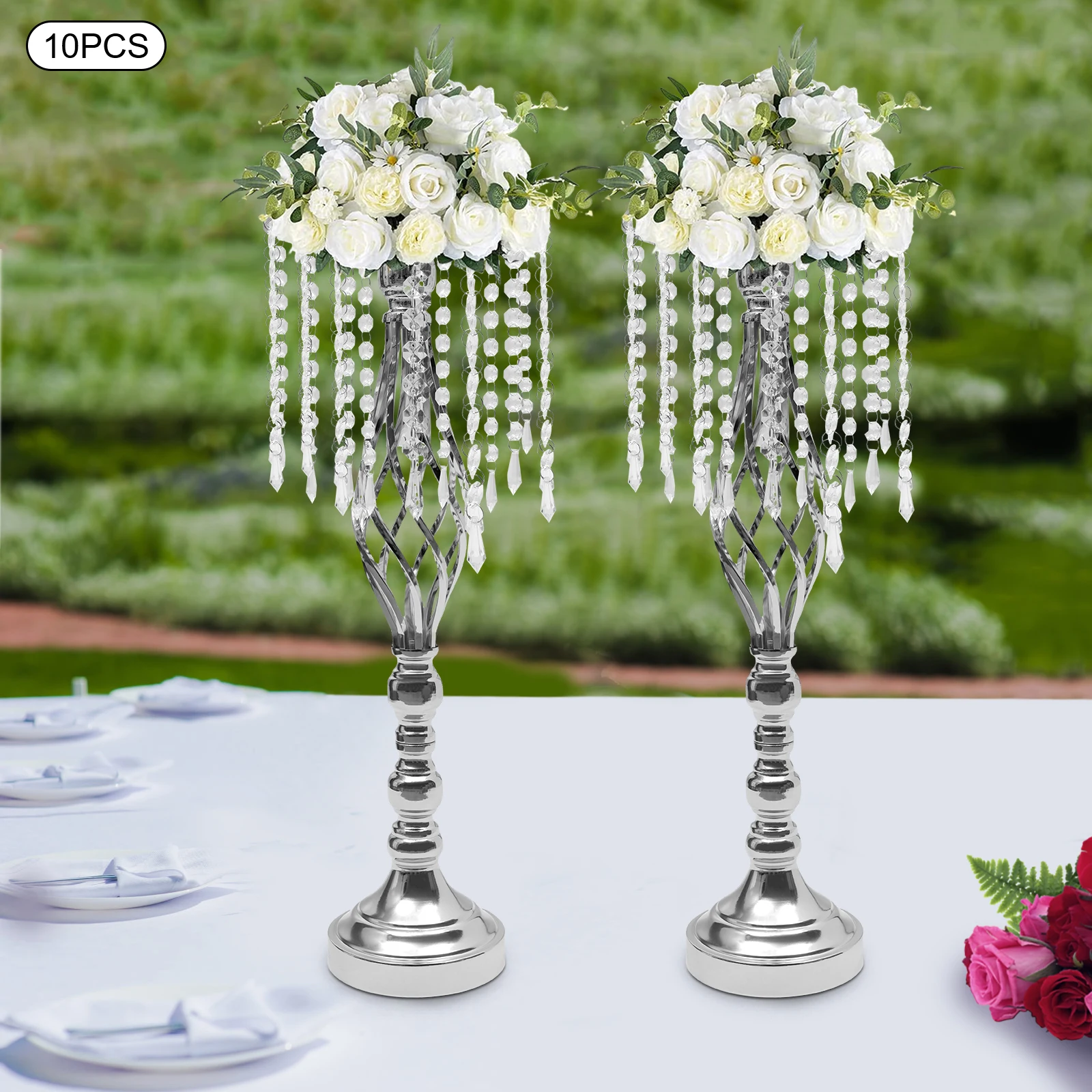 10 piezas de jarrón plateado de 55cm con borlas de cristal, mesa de banquete, Base de flores decorativa, soporte de exhibición de alta carga