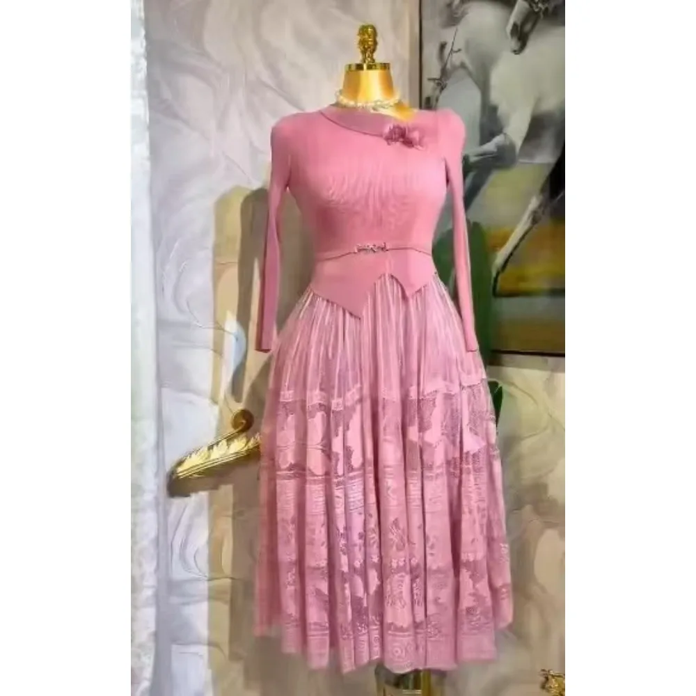 2025 Spring Autumn New Small Fragrant Lace Pendulum Dress Miyake Pleated Three-dimensional Flower Long-sleeved Dress Real Shot