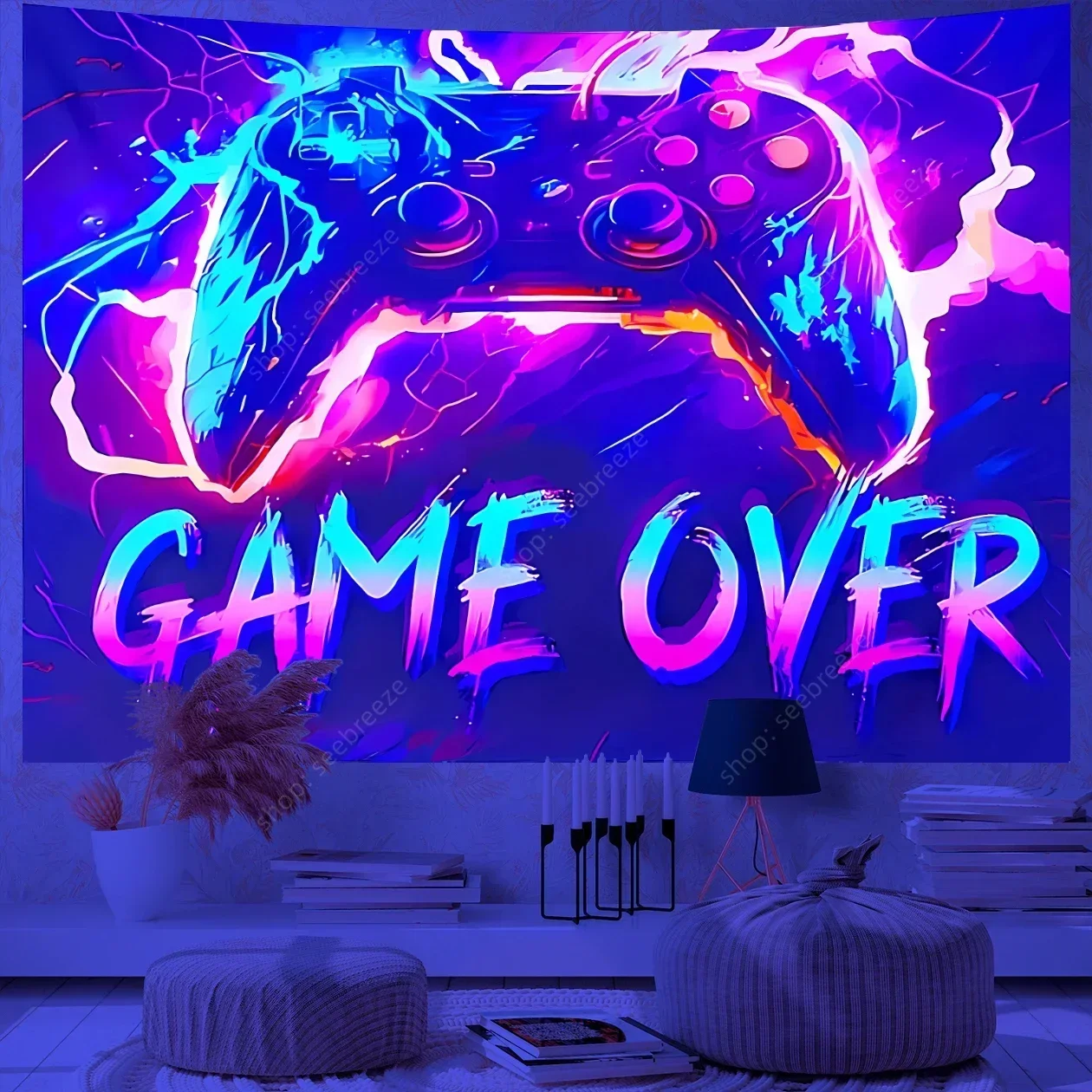 Game Over Game Zone UV Reactive Tapestry E-Sports Room Game Controller Tapestry Wall Hanging Neon Backdrop Dorm Bedroom Decor