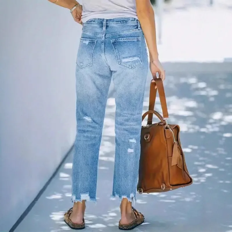 Celana Jeans Kasual Wanita Model Sobek Distressed 2025, Celana Panjang Straight Leg dengan Ujung Raw Edge dan Frayed Hem yang Modis