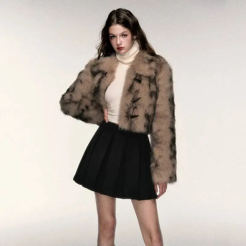 Vintage Winter Women's Eco Jacket Color Blocked Horn Toggle Button Lady Faux Short Stylish Mink Fur Coat For Female