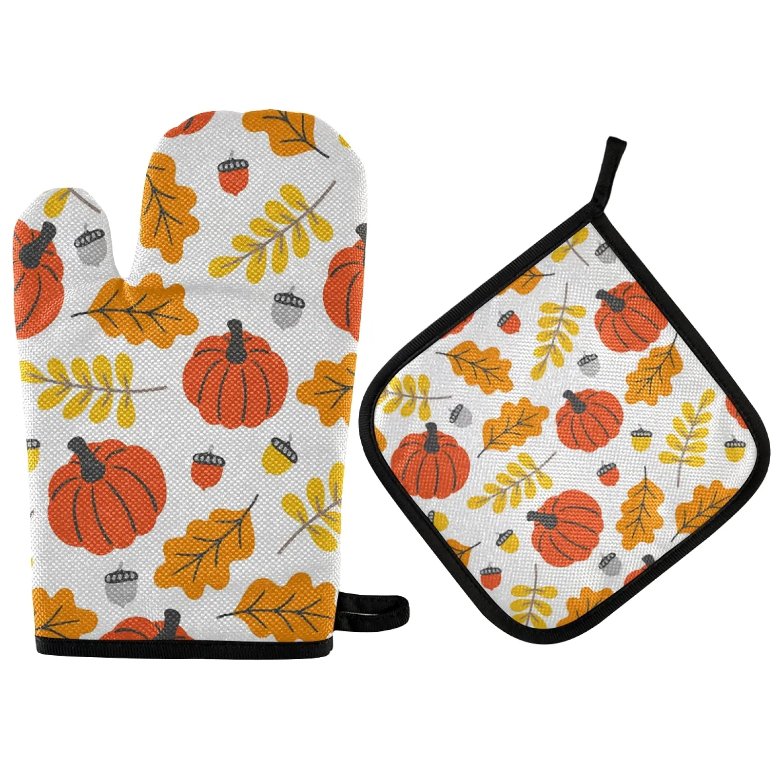 Autumn Pumpkin Maple Leaf Oven Mitts and Pot Holders Sets Fall Flower Plant Heat Resistant Non Slip Kitchen Oven Gloves Hot Pads