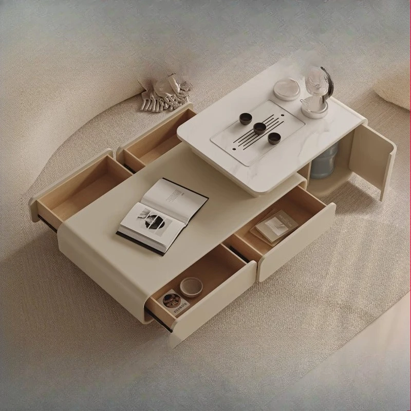 

Cream style coffee table TV cabinet combination Kung Fu brewed tea rock board coffee table wabi sanfeng French white retractable