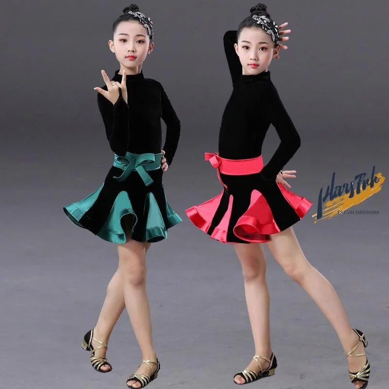 

Thickened Velvet Latin Dance Skirt Children's Performance Costume Autumn Winter Practice Suit Girls' Separate Latin Outfit