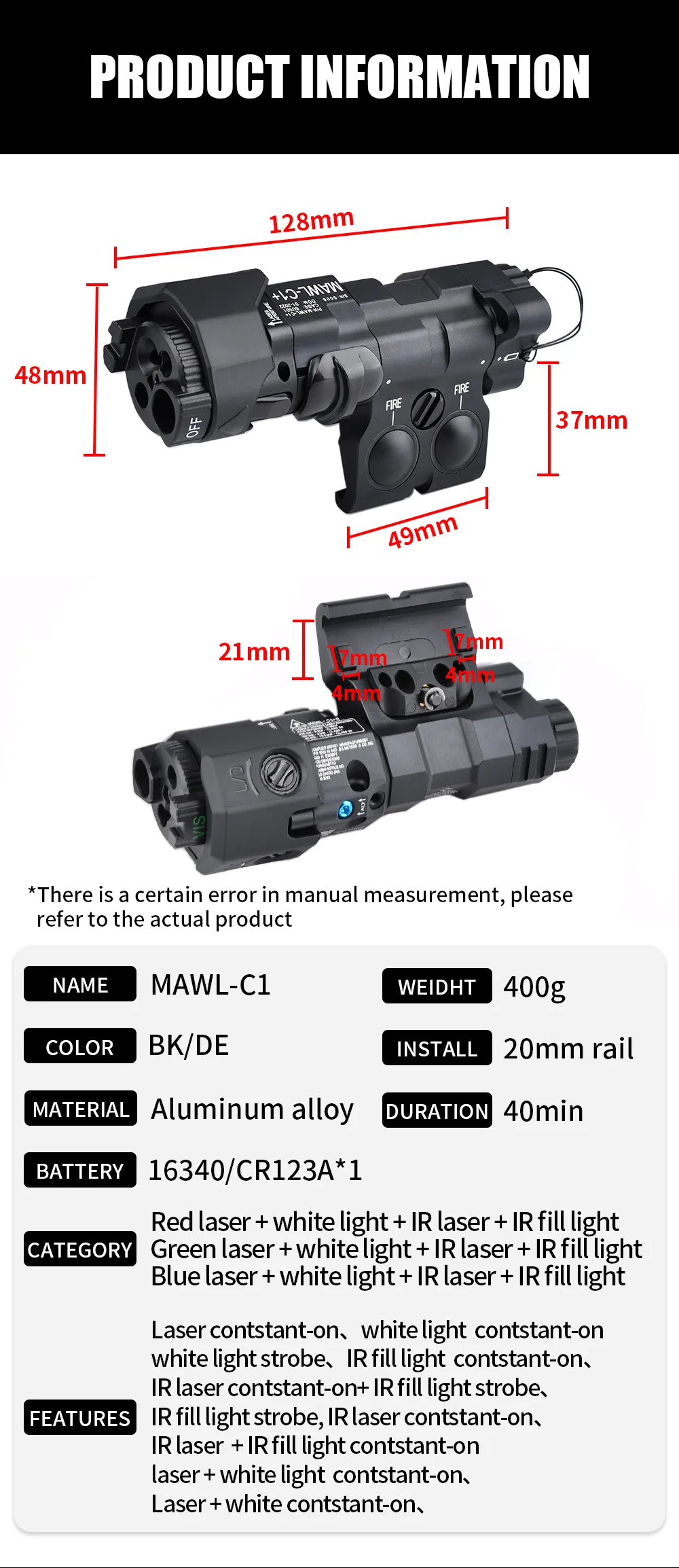 WADSN Neues Verbessertes MAWL-C1 Taktisches Airsoft Voll-Metall CNC LED-Zielgerät MAWL Rotpunkt Grün Blau Jagd M300 M600 Lichter IR-Laser – Detail 2