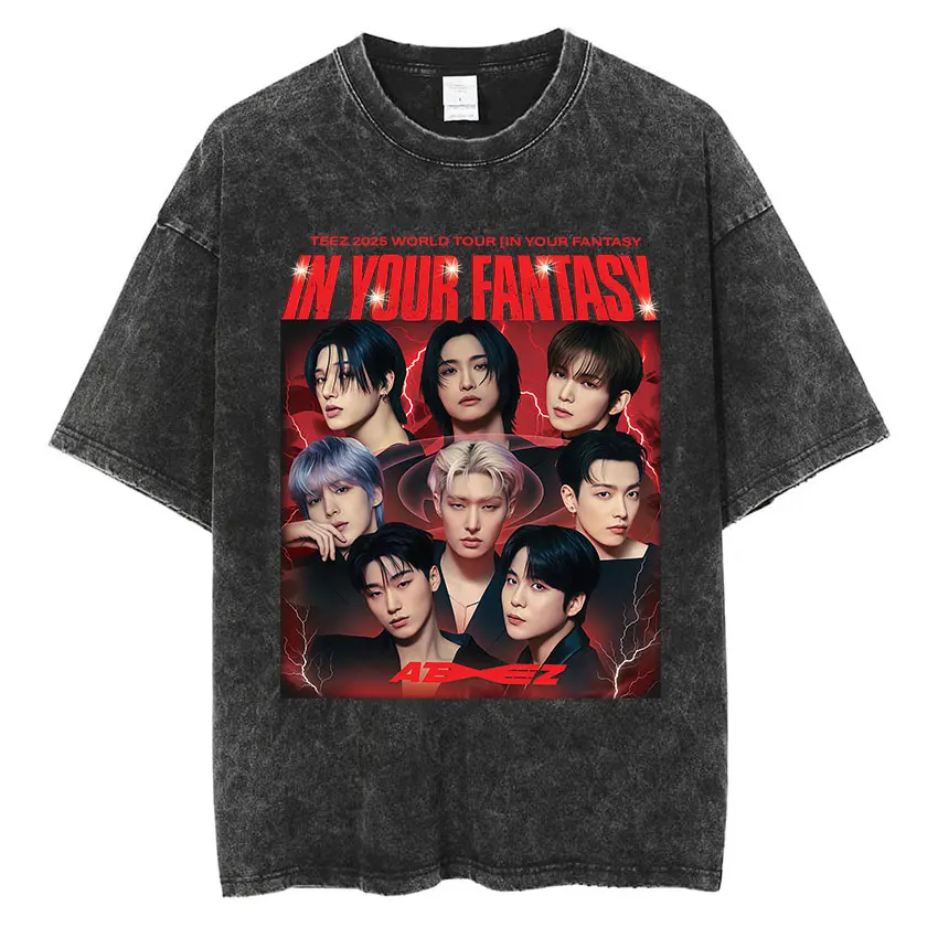 Vintage Washed Ateez in Your Fantasy World Tour 2025 T Shirts Men Women Hip Hop Korean Fans Gift Short Sleeve T-Shirt Streetwear