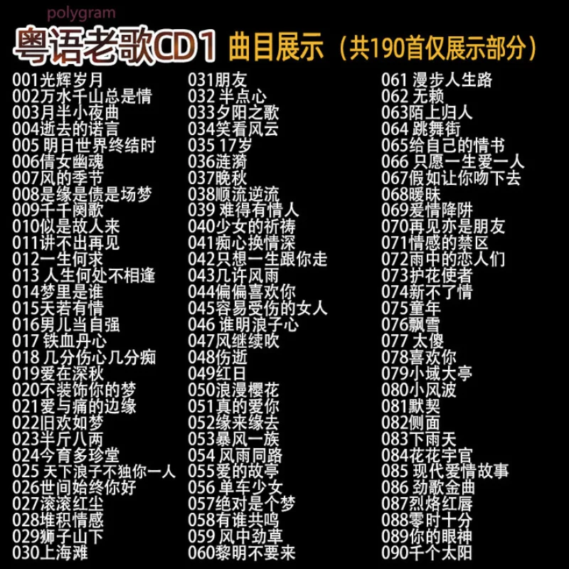 Cantonese Oldies Car CD, PolyGram Nostalgia Songs, High Quality MP3 Format
