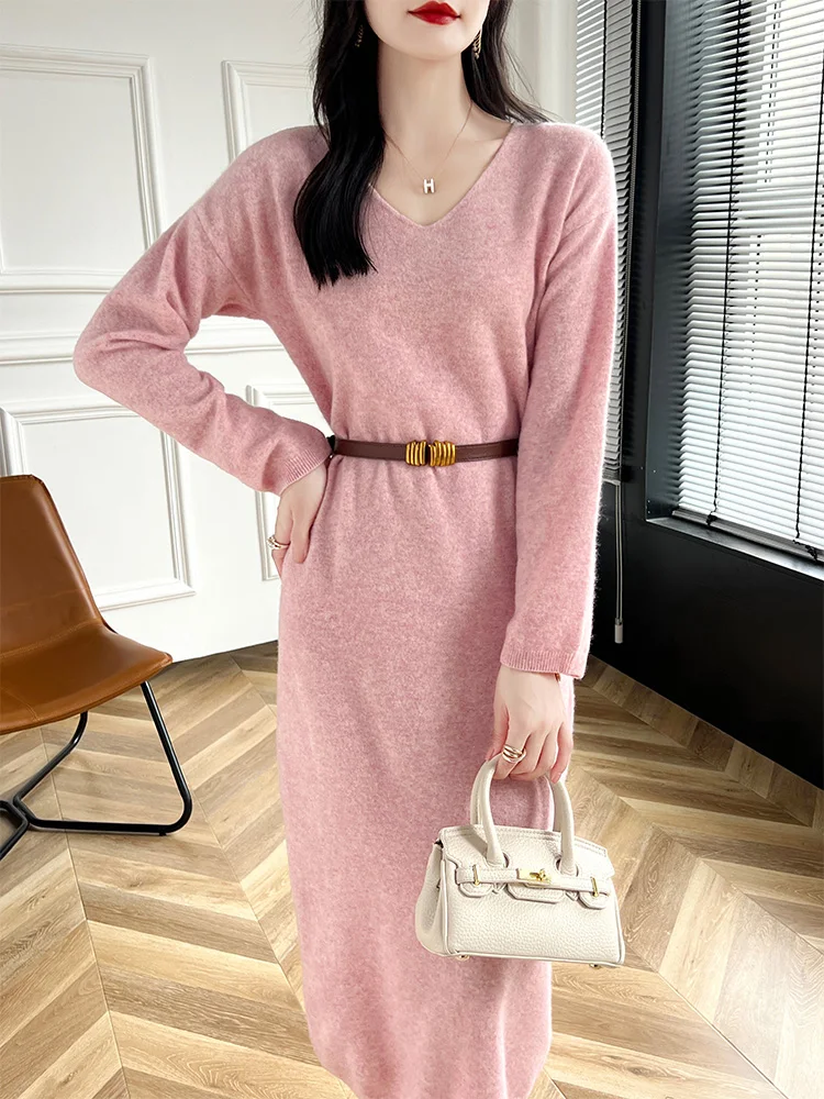 2024 New 100% Merino Wool Women Sweater Dress V-Neck Pullover Long Dress Versatile Cashmere Knitwear Korean Popular Clothing