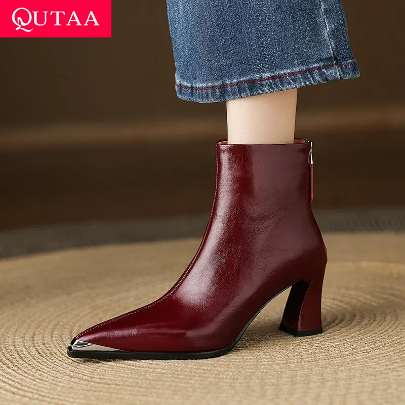 

QUTAA Fashion Women Ankle Boots Winter Shoes Cow Leather Autumn High Heels Zipper Motorcycle Metal Pointed Toe Short Boots 34-40