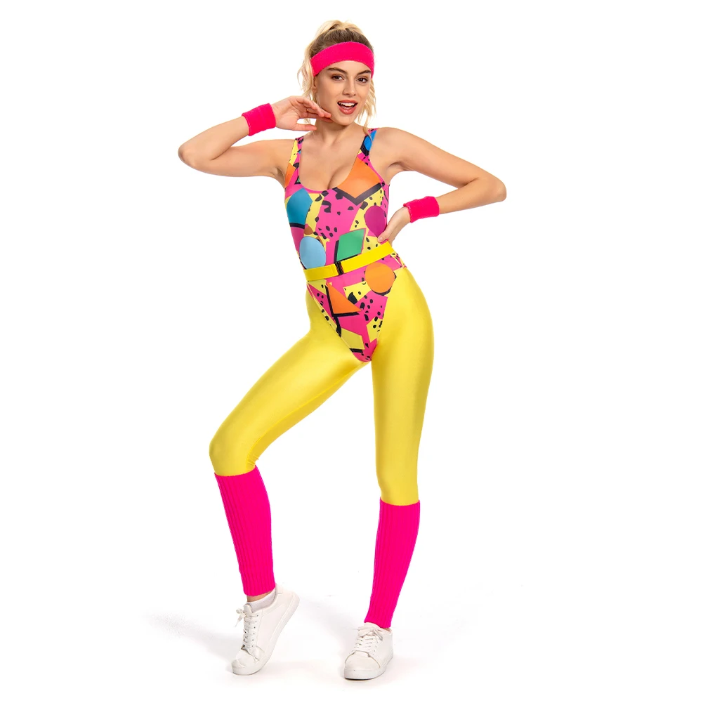 Female 80s 90s Jumpsuit Sportwear 6Pcs/Set Women Retro Outfits Girl Legg Headband Cosplay Costume Halloween Carnival Party Suit