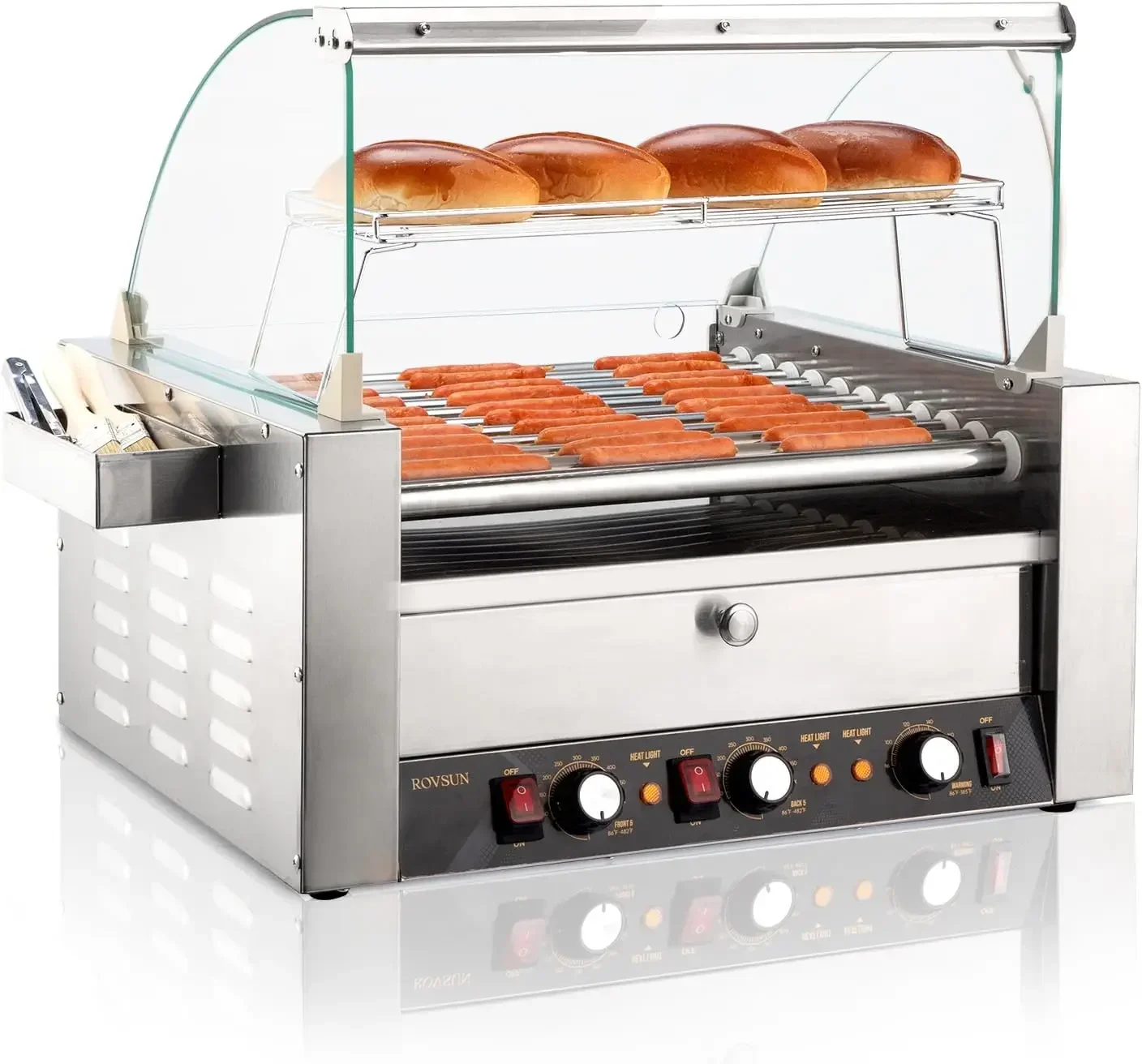 ROVSUN 30 Hot Dog 11 Roller, Hot Dog Roller Warmer Grill Cooker Machine w/Bun Warmer, Cover, Dual Temp Control, LED Light,