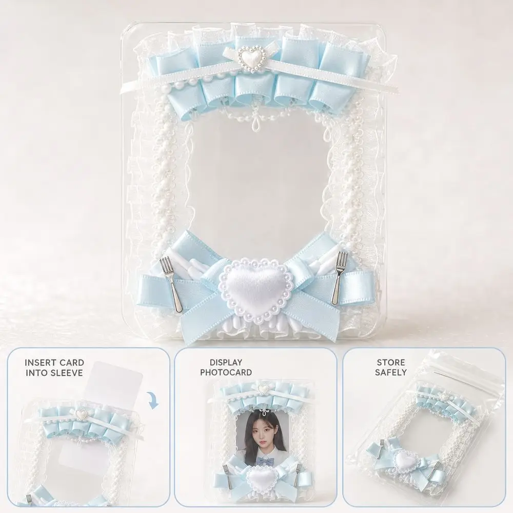 Lace Ruffles Photocard Holder Faux Pearl Satin Ribbon Decorative Card Holder Heart Decoration Clear Sleeve ID Card Sleeve