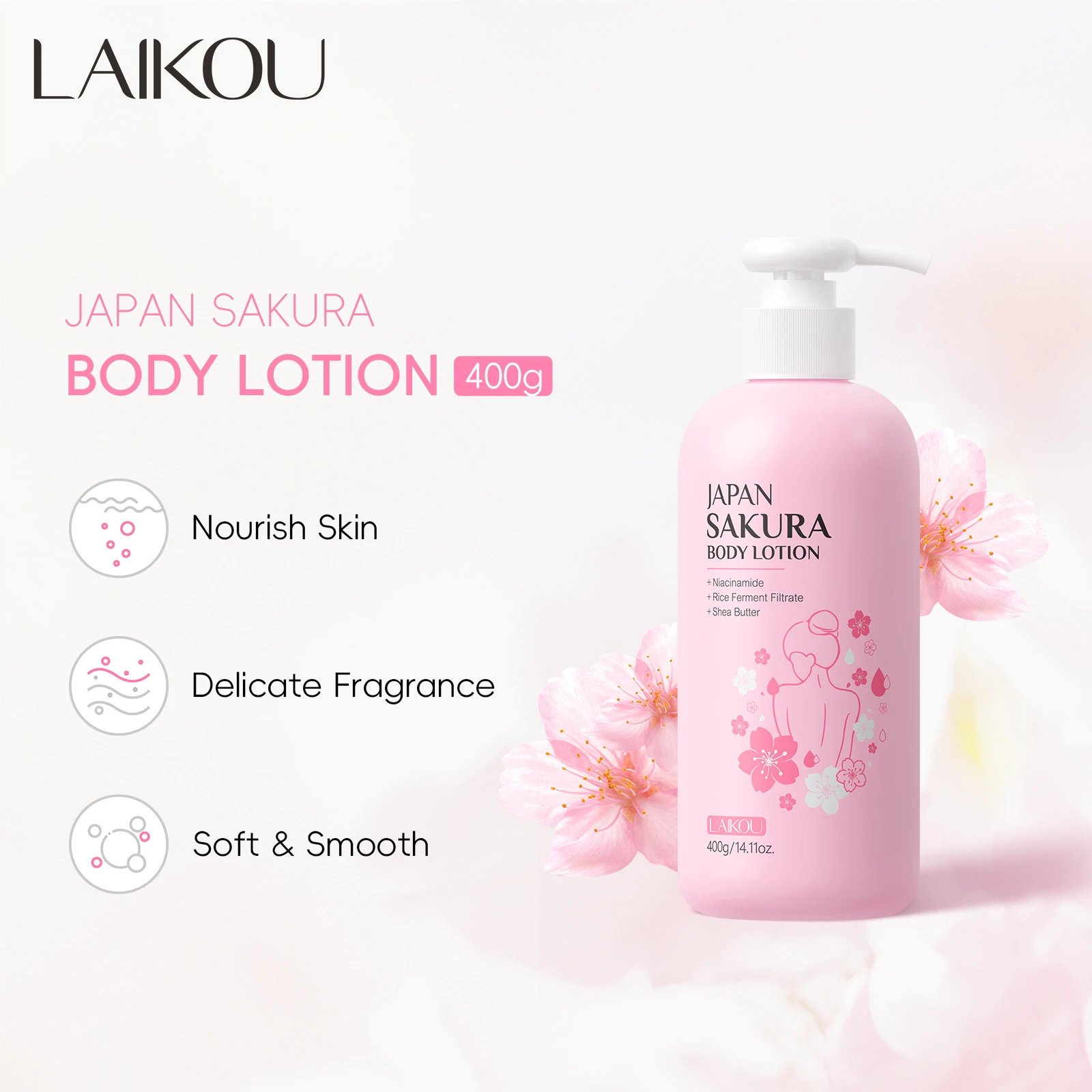 LAIKOU Sakura Body Lotion, Moisturizing Hydrating Body Cream for Dry Skin, Long Lasting Fragrance Nourishing Lotion 400g