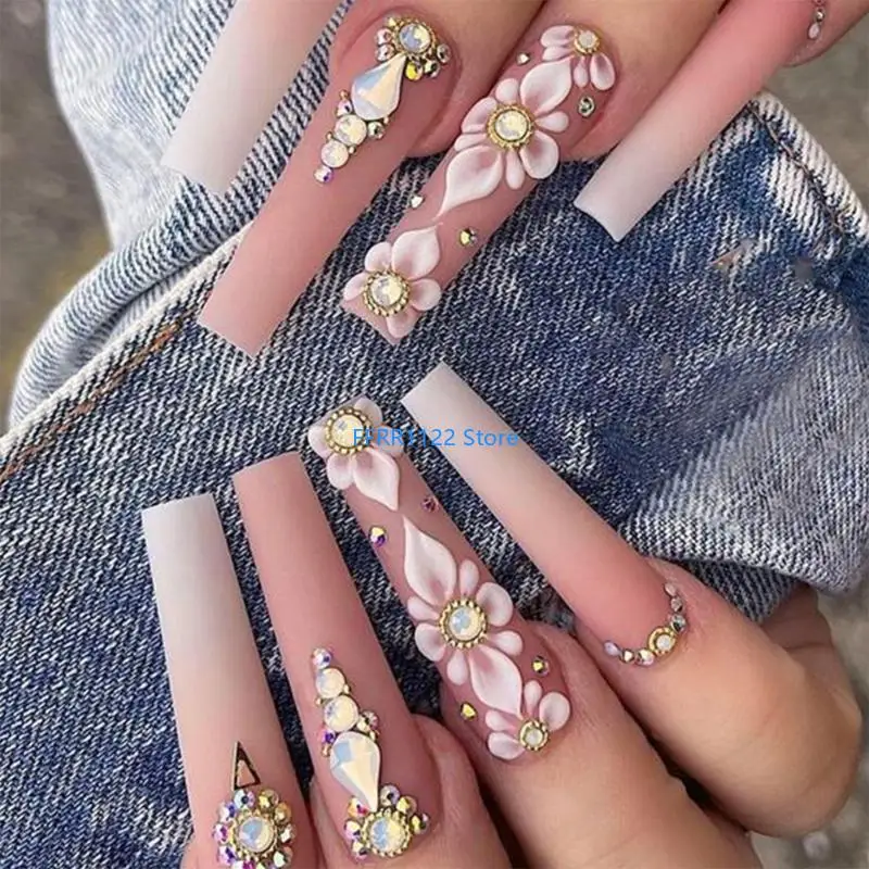 Y1UF Press on Gradient Camellia False Full Cover Acrylic for Festive Occasion and Stylish Manicure Lover