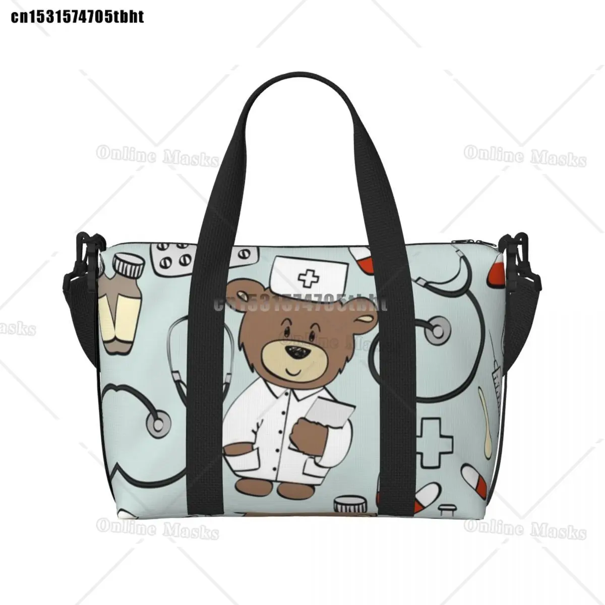 

Nurse Pattern With Bear Beach Tote Bag Women Health Care Nursing Large Compartment Beach Gym Travel Bags