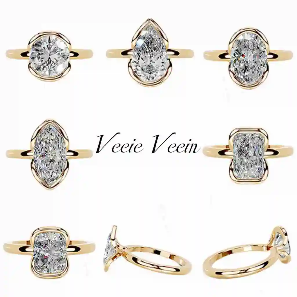 Veeie Veein JewelryWomen Half Bezel Set 2ct  Moissanite Wedding Ring Fashion Light Luxury S925 Sterling Silver Gold Plated