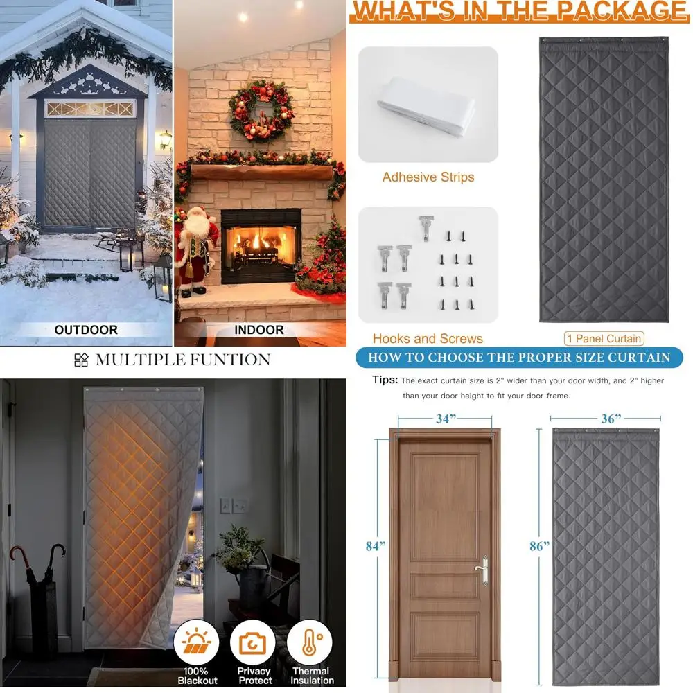 Winter Insulated Door Curtain - Grey, 36W x 86L, Oxford Cloth, Side Open, Windproof, Soundproof, Durable Divider