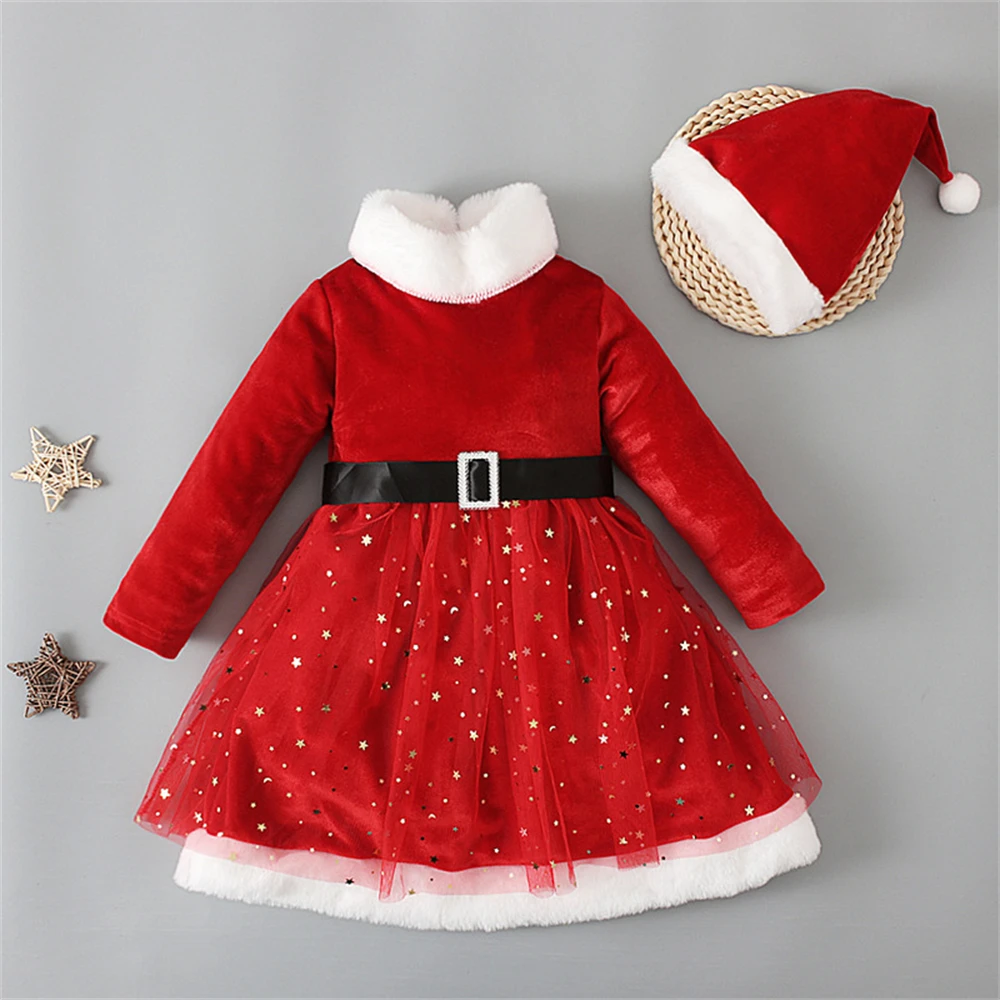 Toddler Girl Christmas Dress Long Sleeve Sequins Tulle Dresses for Girls Winter Clothes with Santa Claus Hat New Year Costume