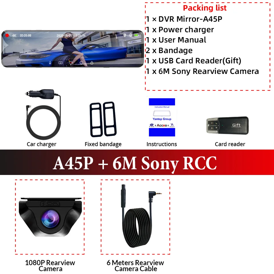 ACCEO 4K WIFI Dashcam 12Inch Auto DVR Achteruitkijkspiegel Recorder Dash Cam Ondersteuning 1080P Sony Black Box Achteruitrijcamera Acesssories