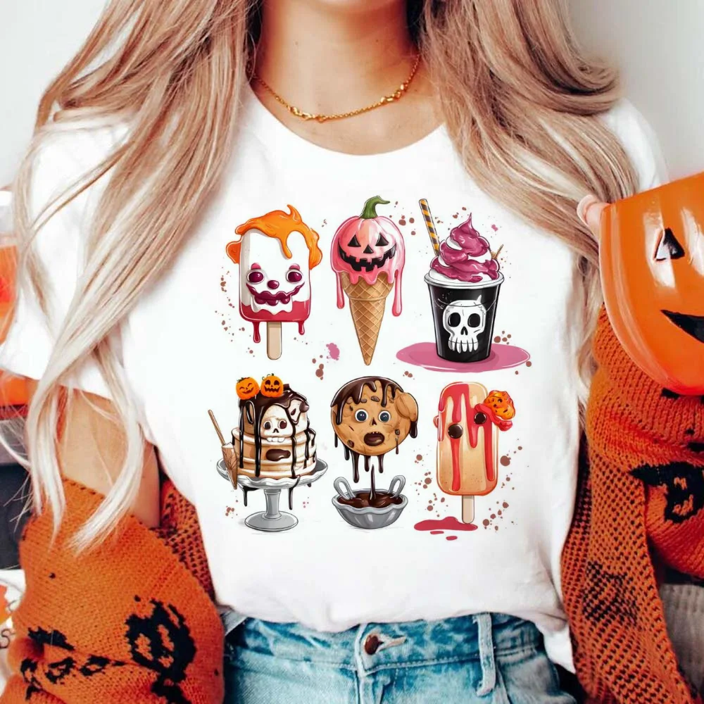 T-Shirt Popsicle Horror Halloween Faces Printed T-Shirt Women's Fashion Pattern Short Sleeve Women's Loose Plus Sweet New Top