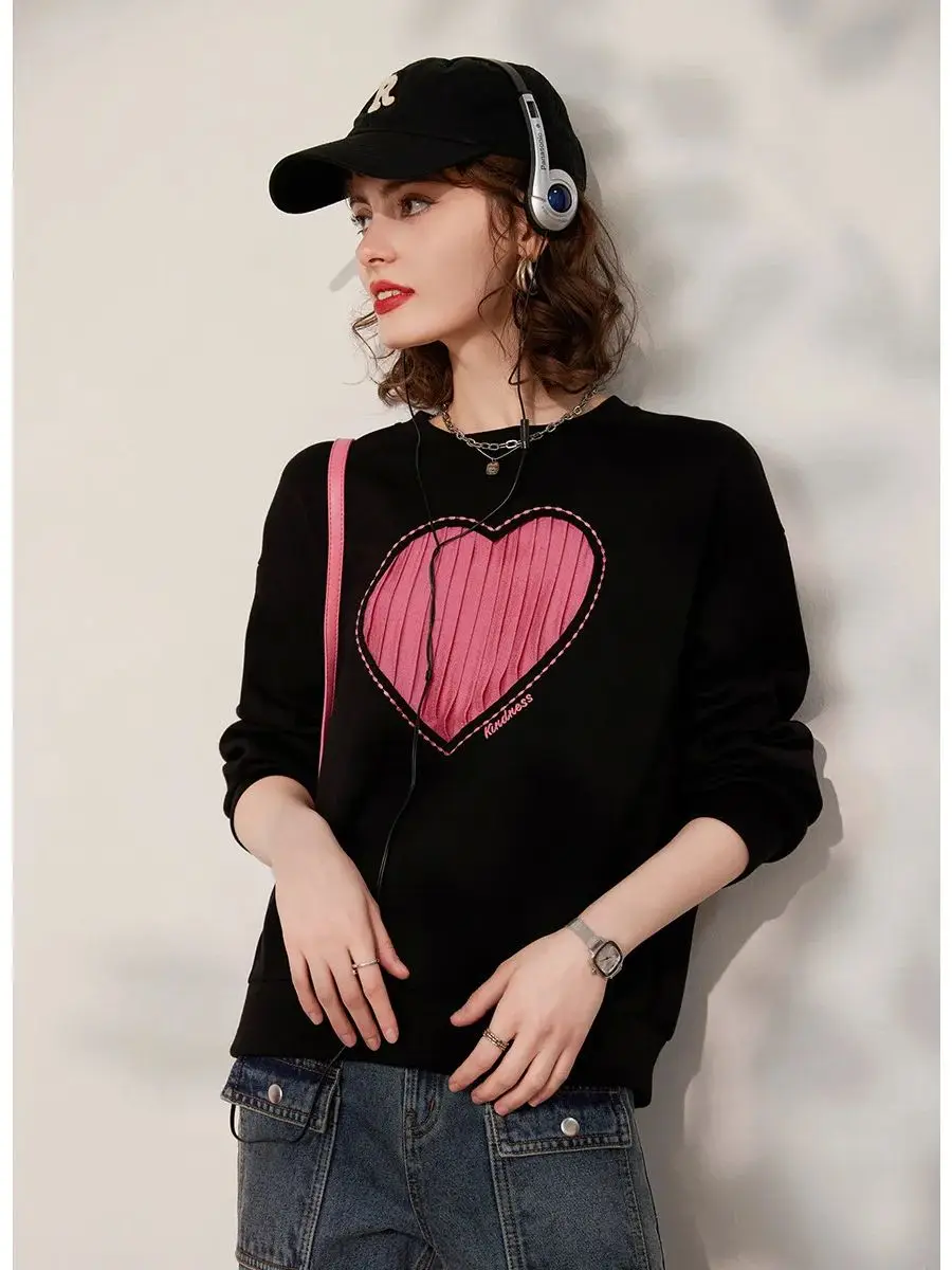 LOUIS YAO Women Sweatshirt Round Neck Long Sleeve 2024 Spring New Drop Shoulder Sleeve Loose Fit Casual Love Shape Pullover Top