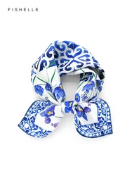 Blue and white porcelain small fragments printed natural silk scarves women's twill silk hijab real silk scarves handkerchief