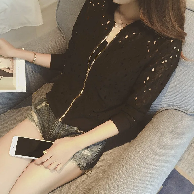 Korean Stylish Thin Long Sleeve Lace Hollow Out Jackets Anti-UV Fashion Short Outwear Women Clothing