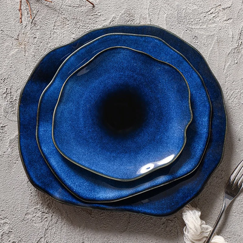 

1PCS Cat Eye Blue Color NEW Japanese Ceramic Food Dish Flat Plate Pottery Irregular Dish Dinnerware Steak Display Dish