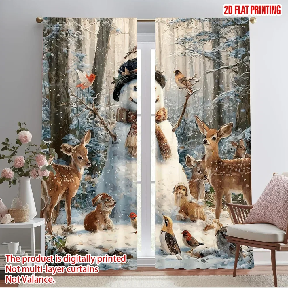 2pcs,2D plane printing Contemporary Curtains Snowman & Wildlife Winter Versatile Fabric (without rod) Art Deco Festive Perfect
