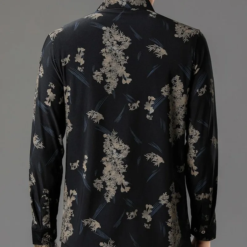 Autumn Winter Men's Turn-down Collar Solid Plant&Flowers Cartoon Printed Long Sleeve Button T-shirt Shirt Fashion Casual Tops