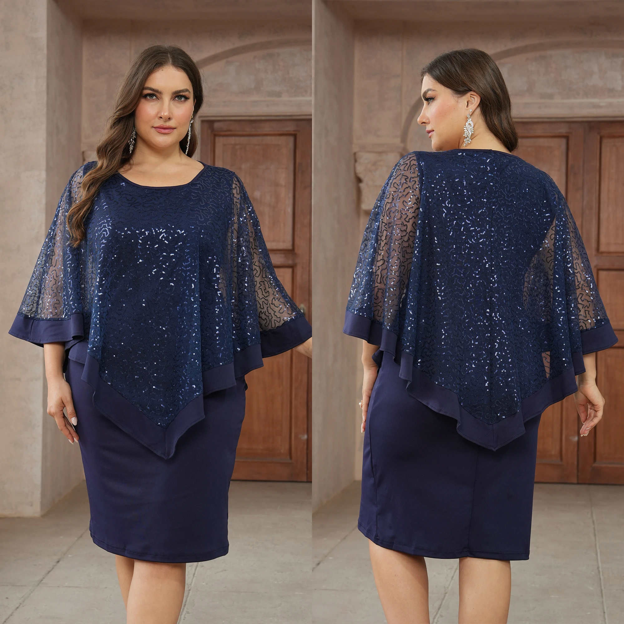 Plus Size Dames Elegante Feestjurken Pailletten Casual Jurken Cape Mouw Marineblauwe Jurken Avond Trouwfeestjurken