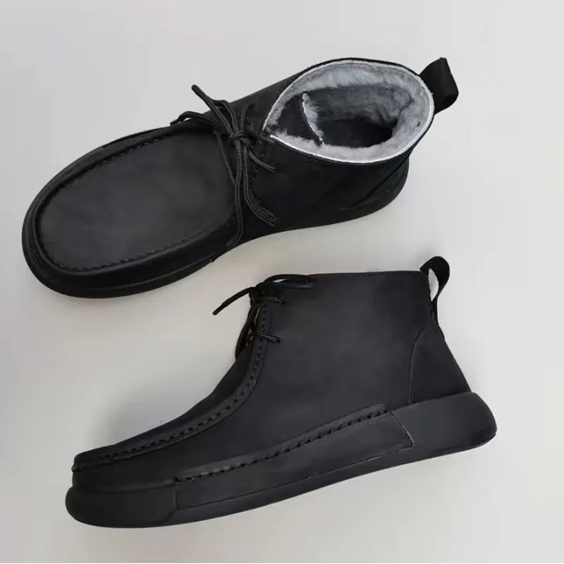 Sapatos masculinos de lã de pele de carneiro integrados couro genuíno quente antiderrapante sola grossa alta superior algodão botas de neve inverno olutdoor caminhada