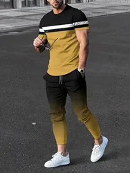 Men's Casual Round Neck Short Sleeve Long Pants Two Piece 3D Printed Spring and Autumn Comfortable Street Daily Wear Men's Suit