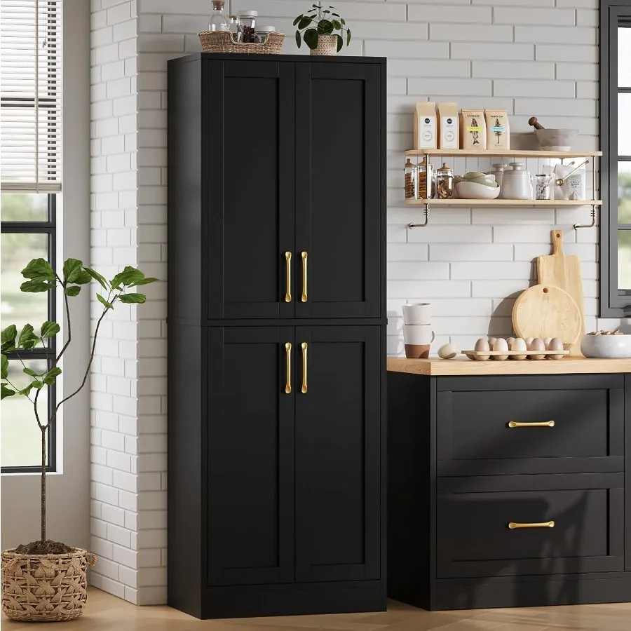 

Pantry - Kitchen Pantry Cabinet with 4 Doors and Adjustable Shelves Tall Black Cabinet Freestanding Storage Cupboard for Dining