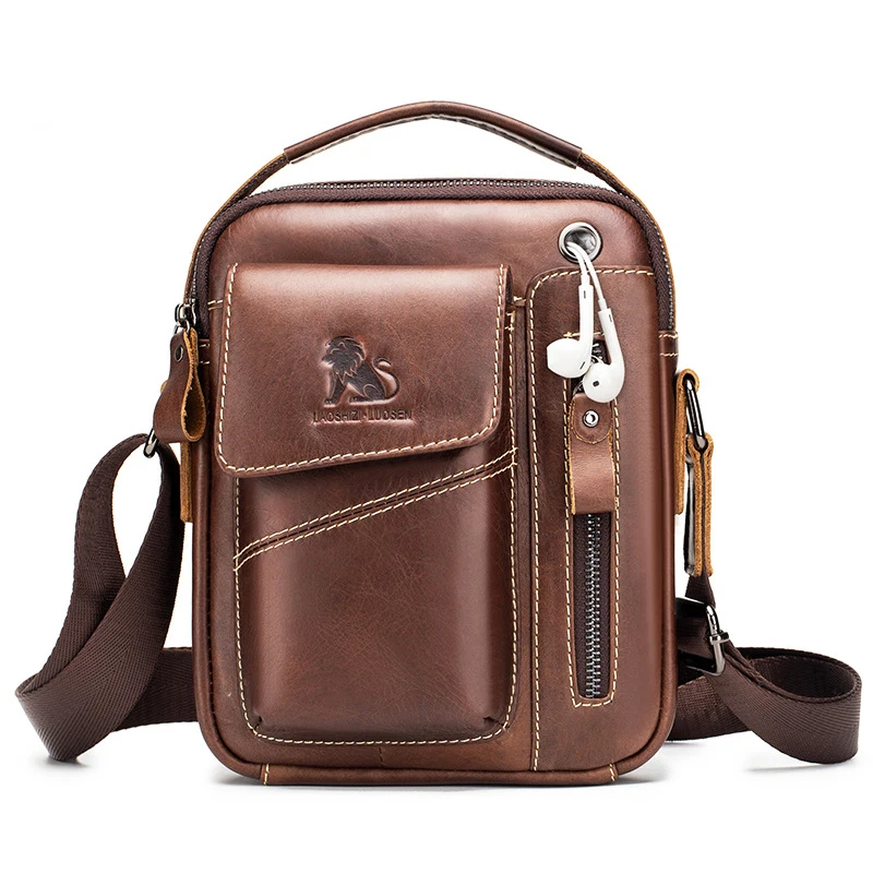 

Double Single Shoulder Bag Leather Men's Small Top Layer Cowhide Diagonal Cross Bags Fashionable Sporty Mini Durable Handbag Top