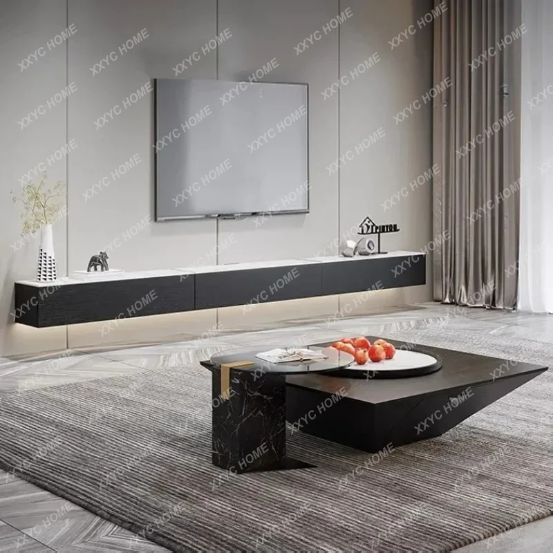 A Light Luxury Minimalist Coffee Table TV Cabinet Combination Living Room Solid Wood Tea Table Tempered Glass Mobile Side Squ