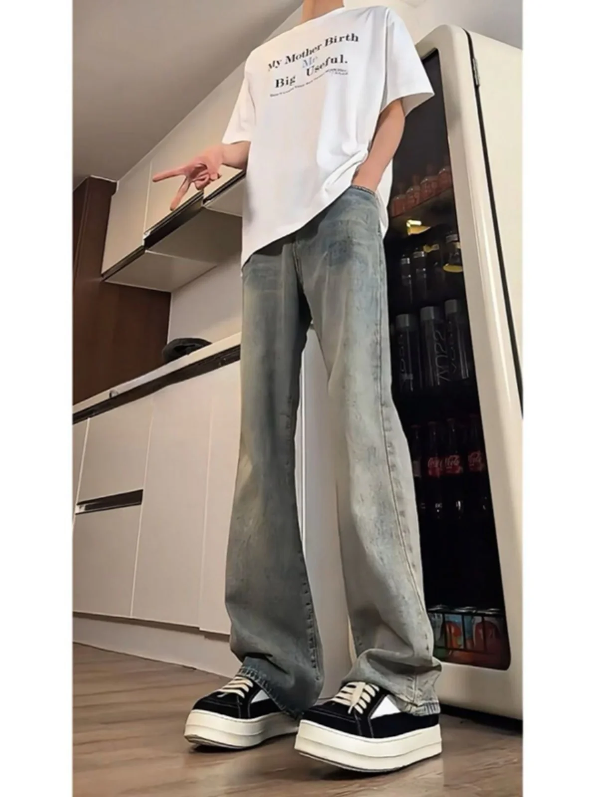 

Retro Blue Knife Jeans Men's Summer High Waist Bell Bot Tall Men's Slim Straight Leg Trendy Denim Pants Youth ular