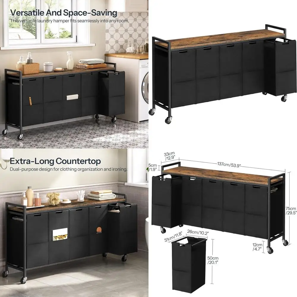 

5-Section Rolling Laundry Hamper with Removable Bags, 40L Capacity, Rustic Brown and Black