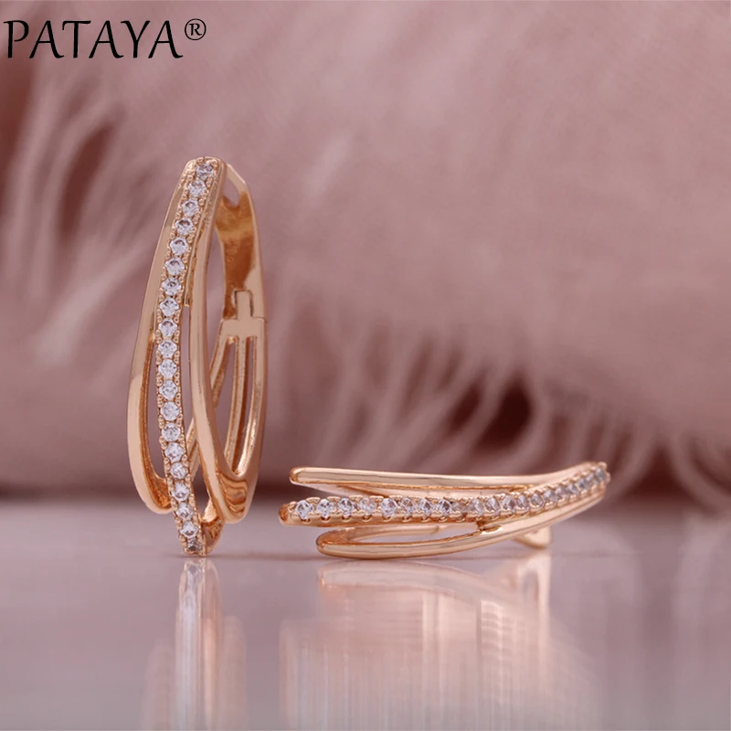 PATAYA Hot 585 Rose Gold Color Earrings For Women Girl Fashion Geometric Natural Zircon Accessories High Quality Daily Jewelry