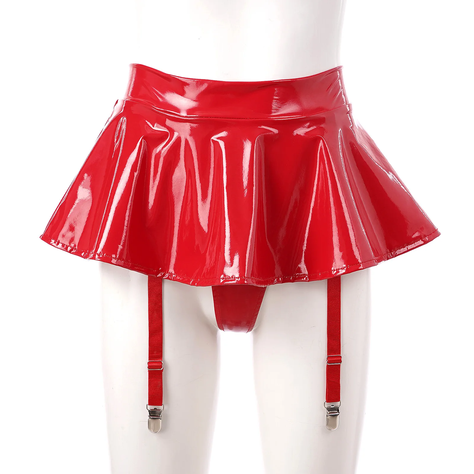 Women Sexy Nightclub Wet Look Patent Leather Ruffle Miniskirt Solid Color Built-in Thongs Skort Metal Clips Garter Belts Skirts