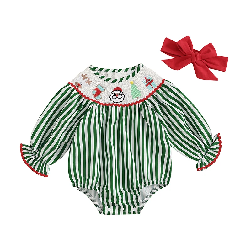 

Baby Girls Christmas Romper Embroidery Striped Print Long Sleeve Jumpsuits and Cute Headband Set for Toddler Outfits